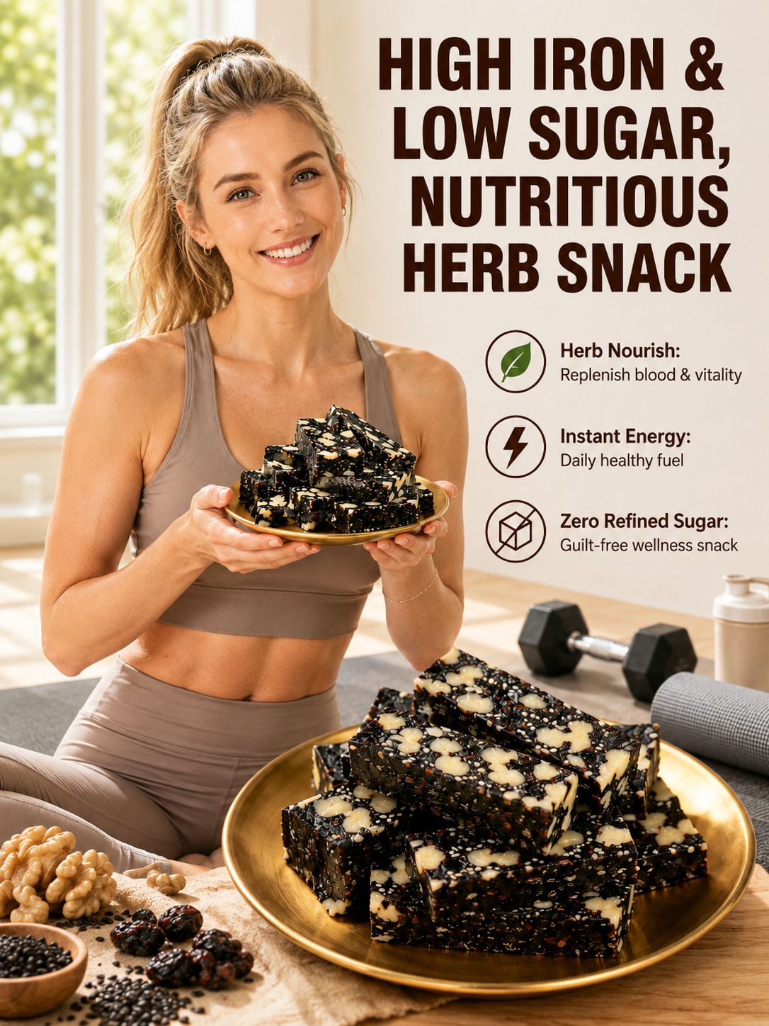 Mulberry Rehmannia & Black Goji Sesame Cake – Soft Herbal Nut Snack, Low Sugar Energy Bar