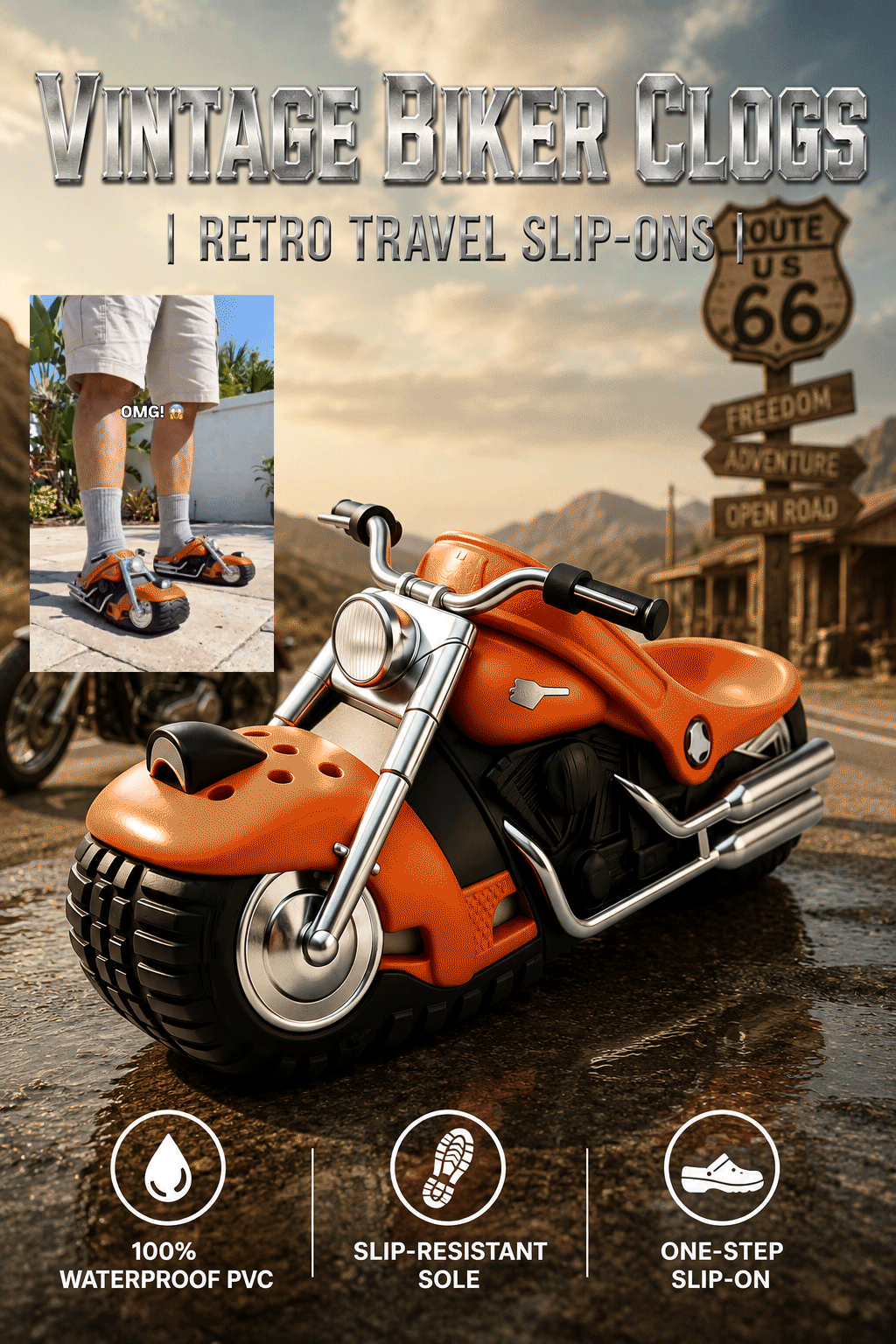 Vintage Biker Clogs - Retro Travel Slip-Ons | Durable PVC Motorcycle-Inspired Footwear