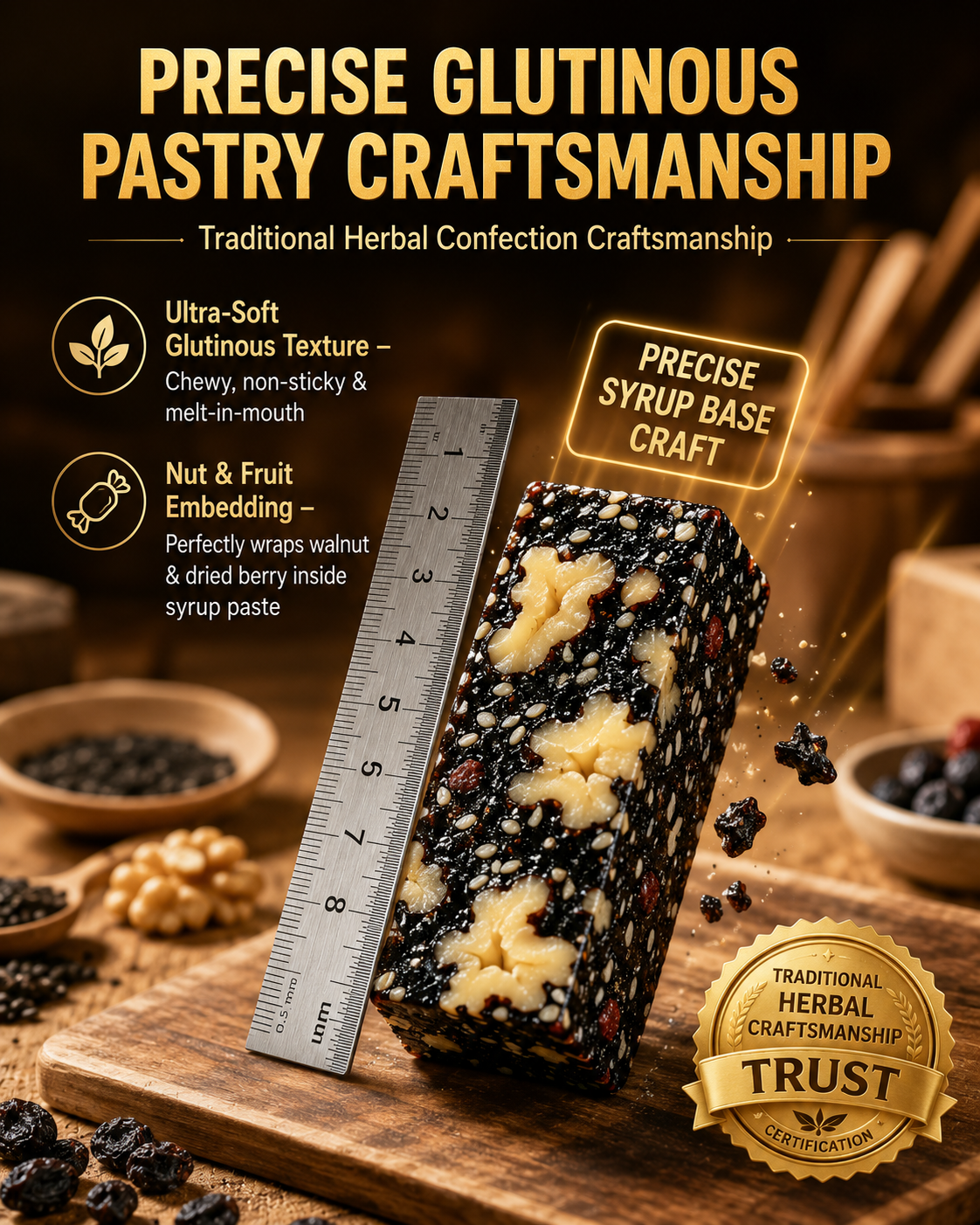 Mulberry Rehmannia & Black Goji Sesame Cake – Soft Herbal Nut Snack, Low Sugar Energy Bar