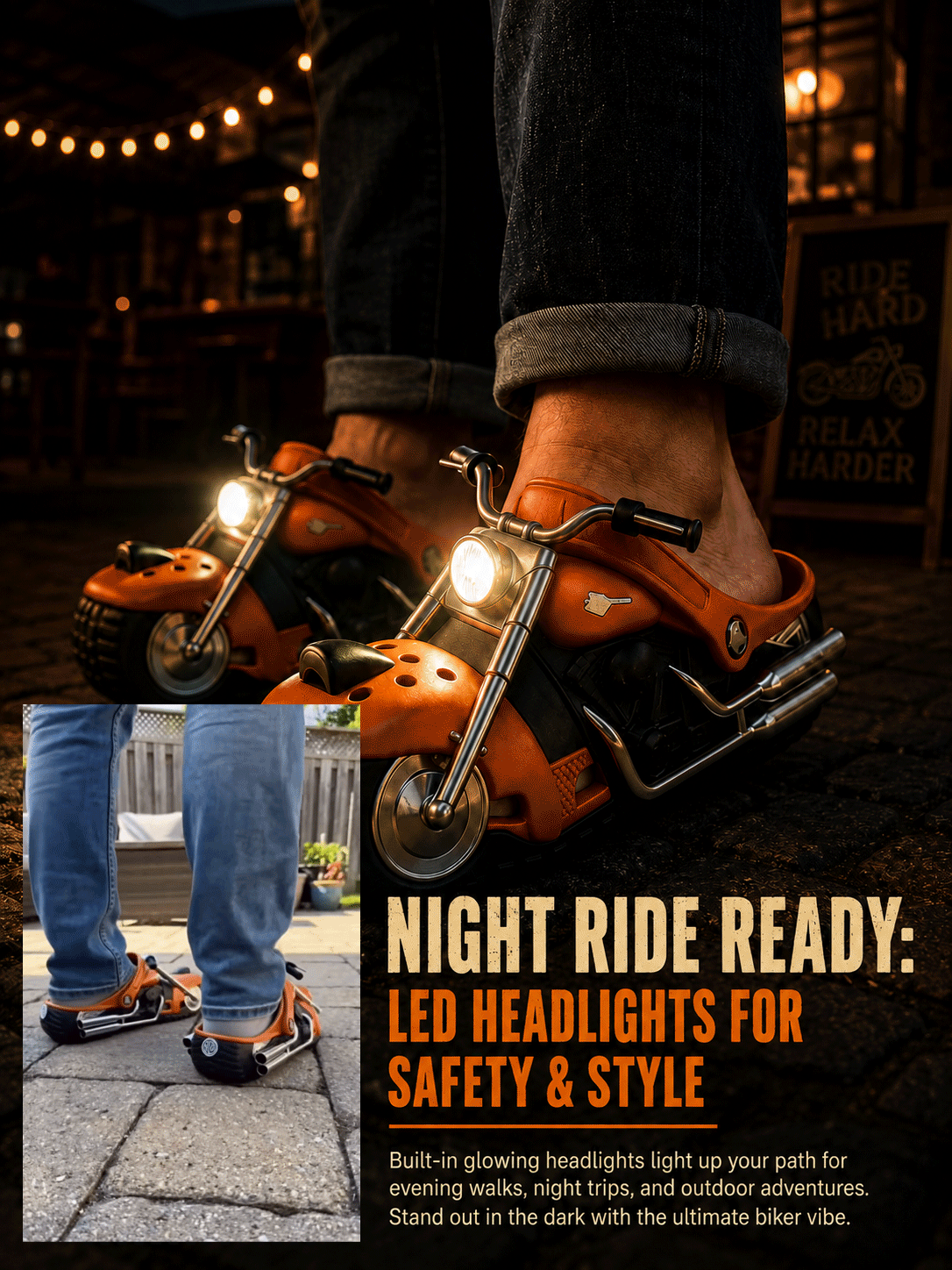 Vintage Biker Clogs - Retro Travel Slip-Ons | Durable PVC Motorcycle-Inspired Footwear