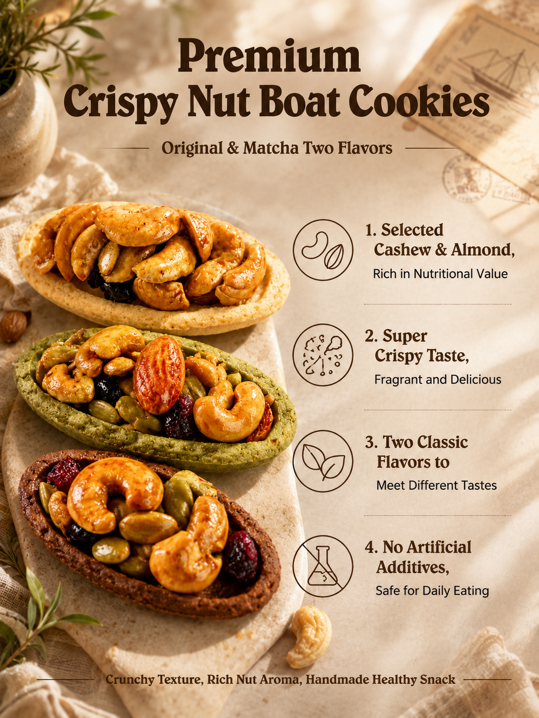 Crispy Nut Boat Cookies - Cashew & Almond Mixed Snack, Cocoa/Matcha/Original Flavor-MHW